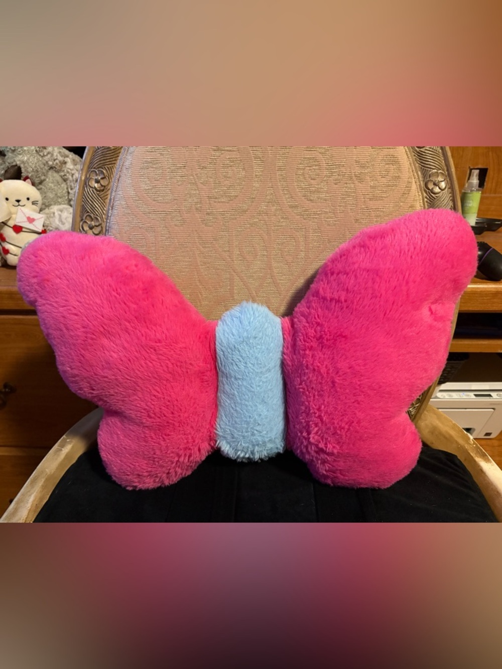 Plush Butterfly Pillow in Bright Pink with Light Blue Center